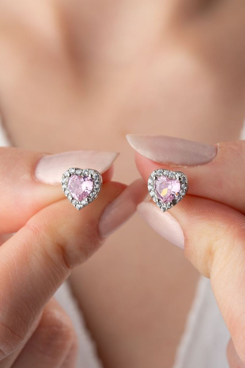 925 Ayar Gümüş Zirkon Taşlı Pembe Kalp Küpe görsel 2