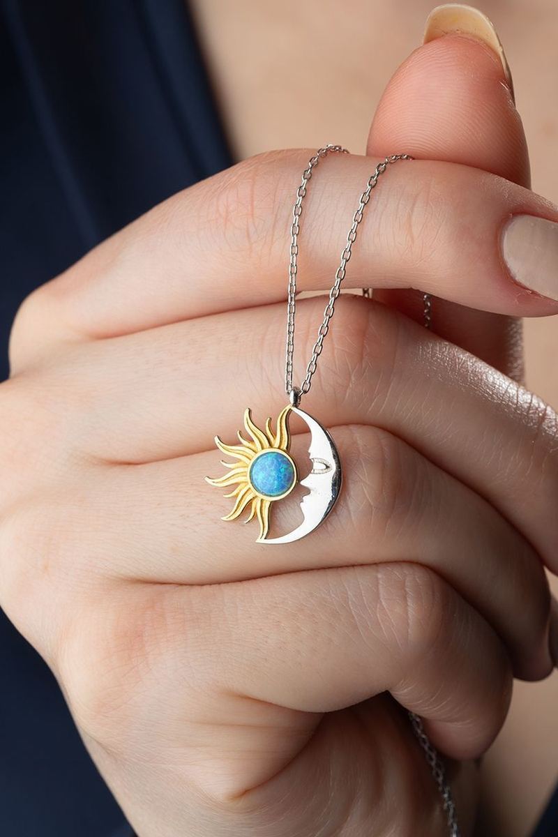 925 Ayar Gümüş Opal Taşlı Ay ve Güneş Kolye görsel 2