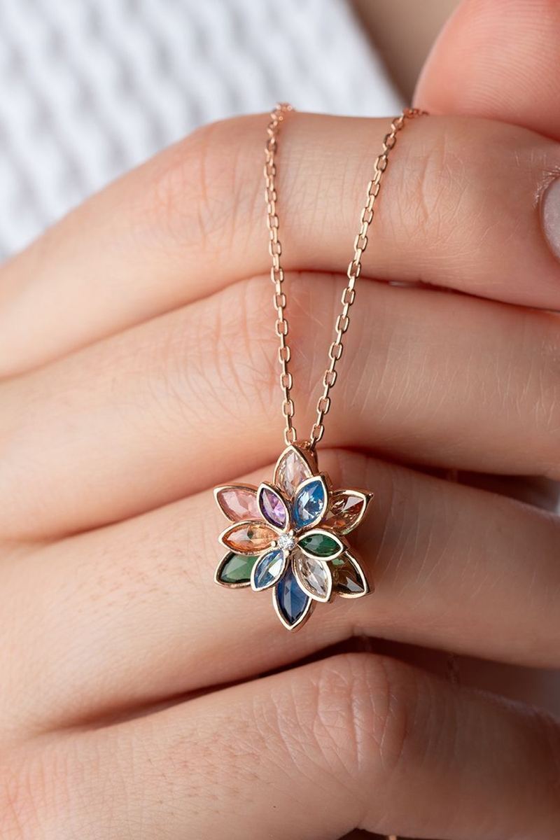925 Ayar Gümüş Renkli Lotus Çiçeği Kolye görsel 2