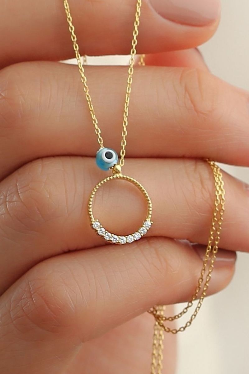 925 Ayar Gümüş Gold Zirkon Taşlı Nazarlı Halka Kolye görsel 2