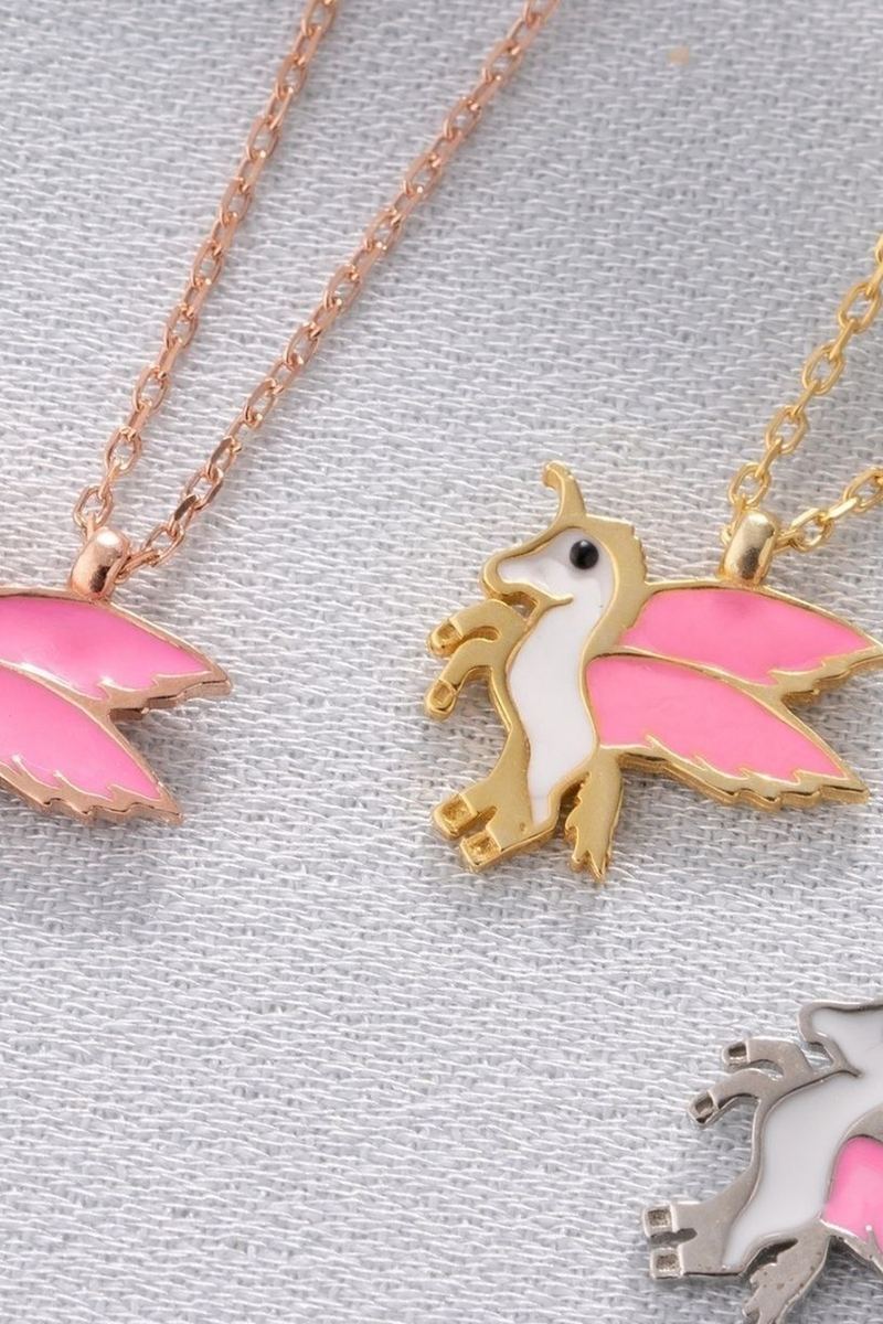 925 Ayar Gümüş Gold Mineli Pembe Mineli Unicorn Kolye görsel 2