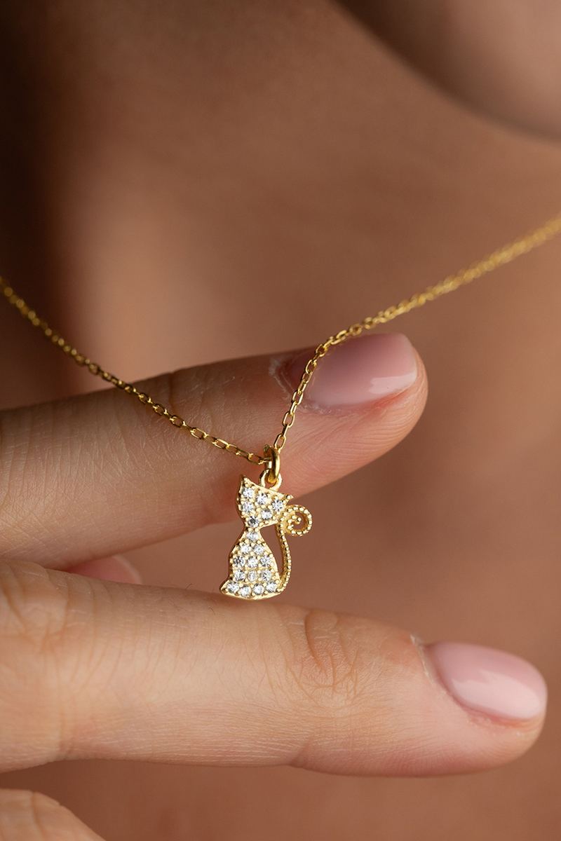 925 Ayar Gümüş Altın Kaplama Kedi Kolye görsel 2