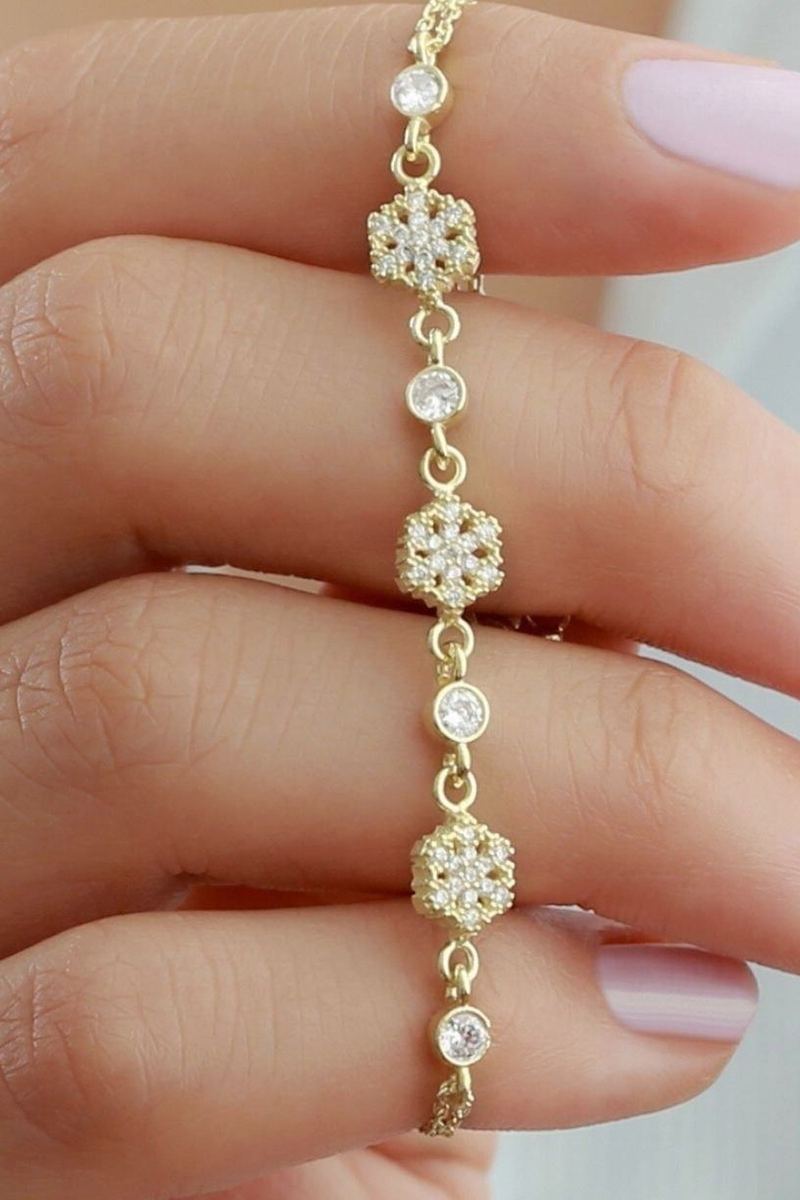 925 Ayar Gümüş Kar Tanesi Gold Bileklik görsel 2