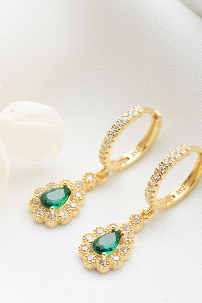925 Ayar Gümüş Gold Zümrüt Yeşili Damla Küpe görsel 2