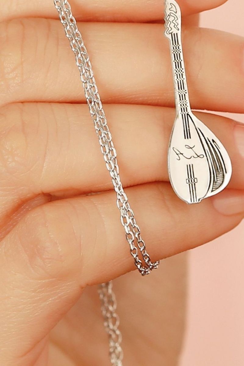 925 Ayar Gümüş İsimli Bağlama Saz Kolye görsel 2