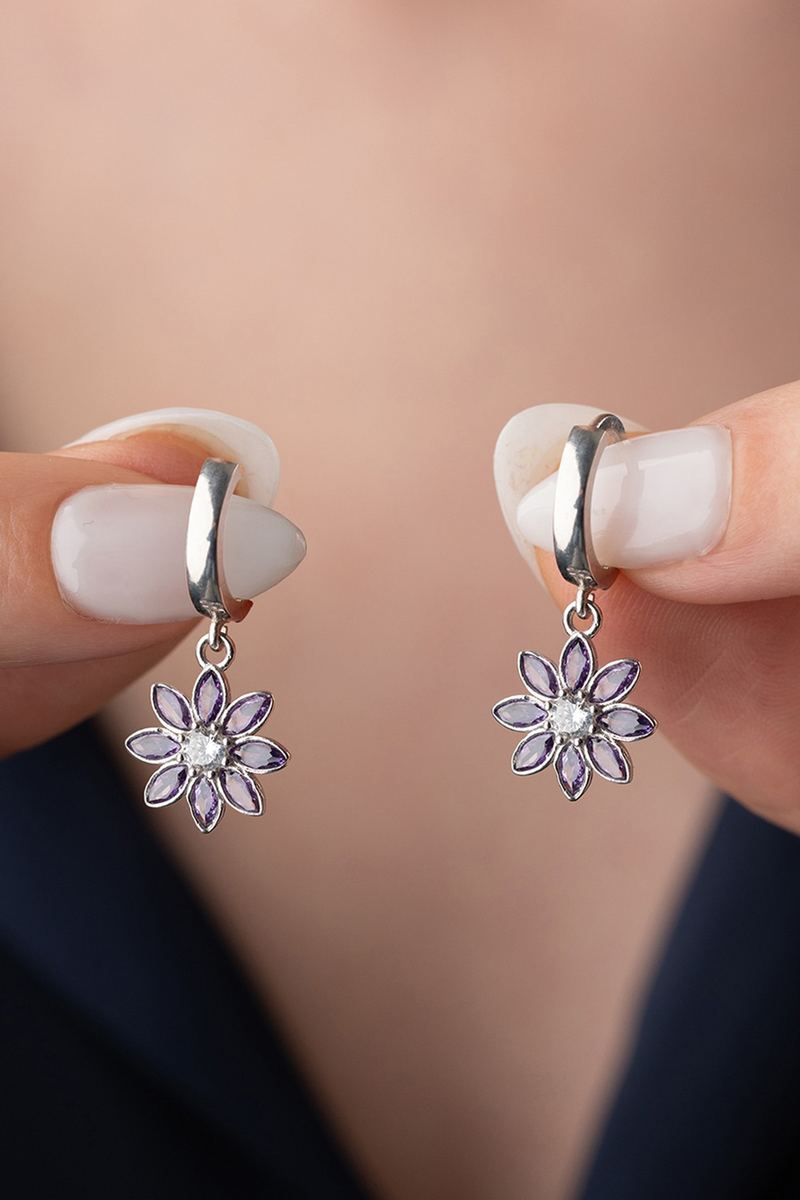 925 Ayar Gümüş Halkalı Mor Taşlı Lotus Küpe görsel 2
