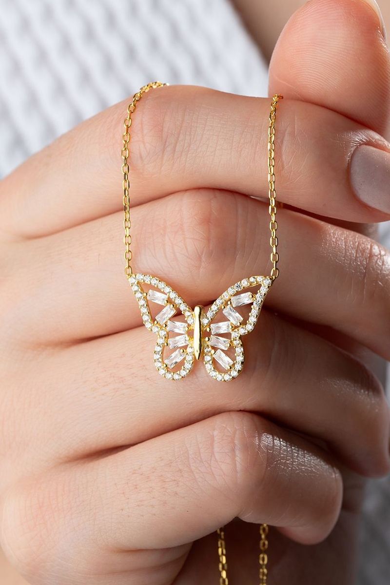 925 Ayar Gümüş Gold Baget Kelebek Kolye görsel 2