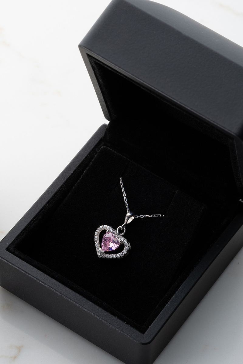 925 Ayar Gümüş Işıklı Kutuda Pembe Taşlı Kalp Kolye görsel 2
