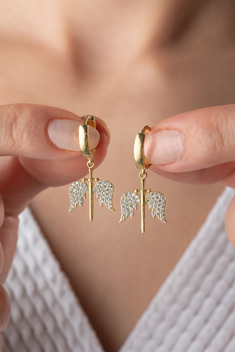 925 Ayar Gümüş Gold Kanatlı Küpe görsel 2