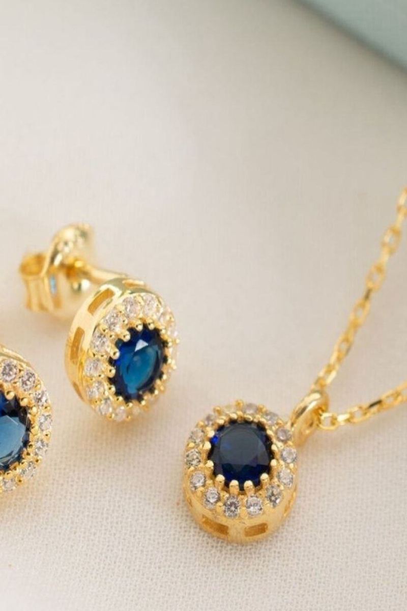 925 Ayar Gümüş Eylül Ayı Doğum Taşı Sapphire Kolye Küpe Seti görsel 2