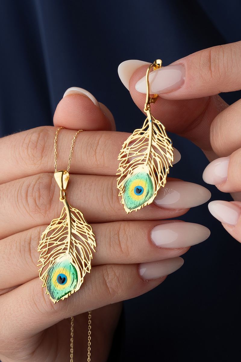 925 Ayar Gümüş Gold Tüy Takı Kolye Küpe Seti görsel 2