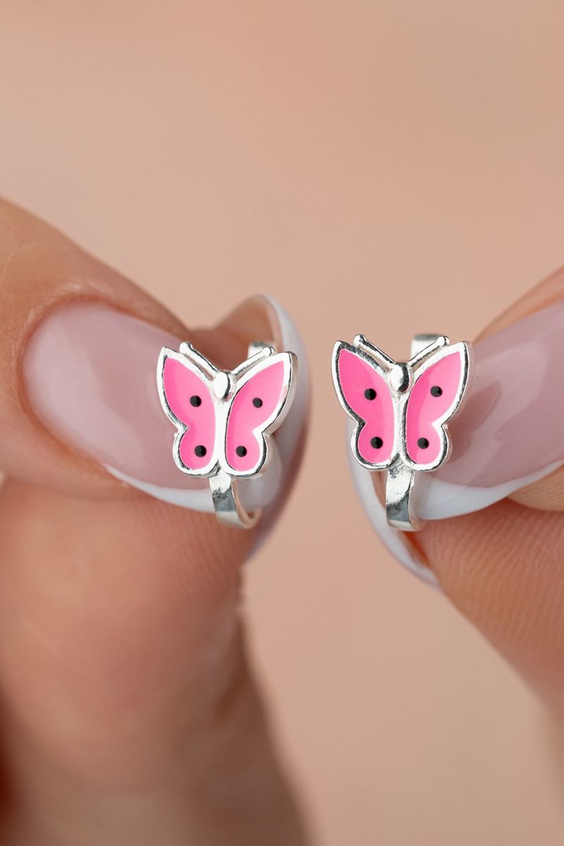 925 Ayar Gümüş Pembe Mineli Kelebek Küpe görsel 2