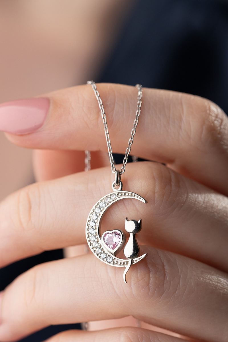 925 Ayar Gümüş Pembe Taşlı Kedi Kolye görsel 2