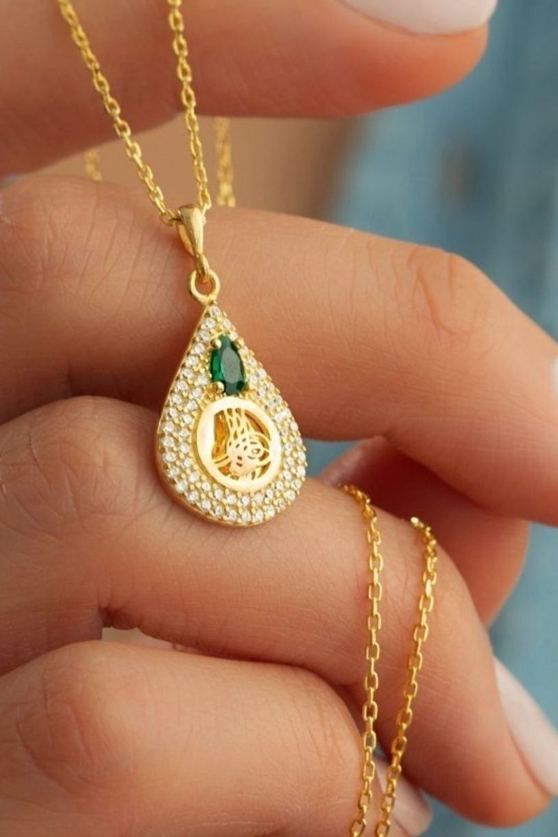 925 Ayar Gümüş Gold Zirkon Taşlı Tuğralı Kolye görsel 2