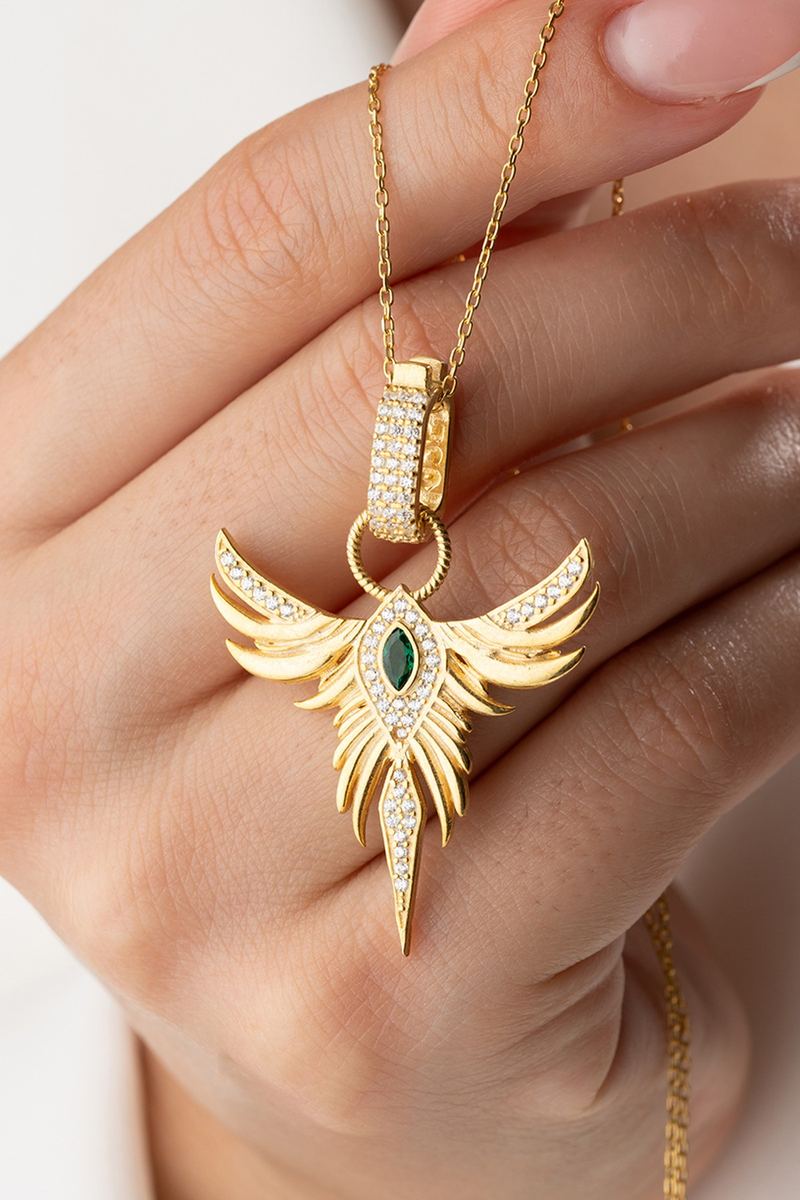 925 Ayar Gümüş Gold Zirkon Zümrüdüanka Kolye görsel 2