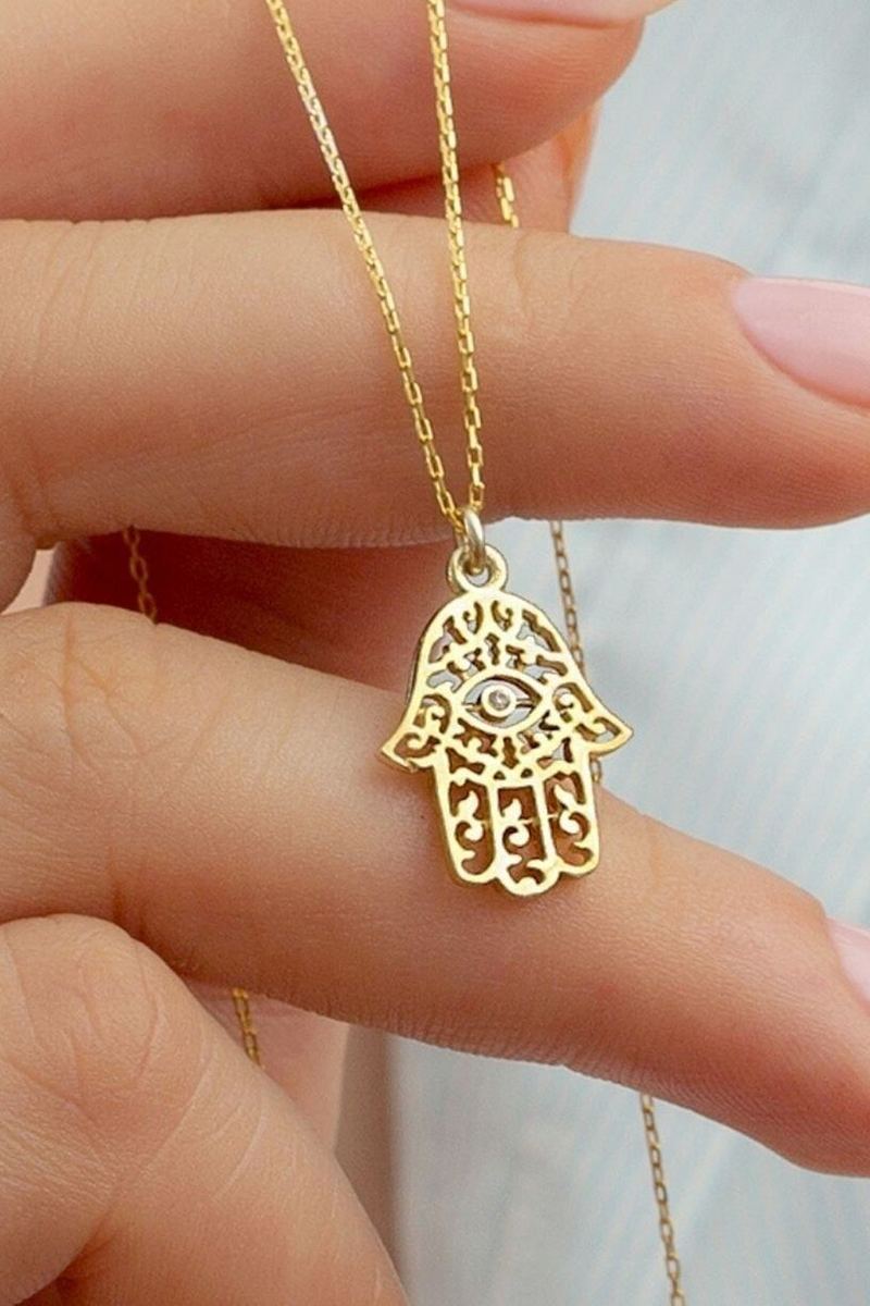 925 Ayar Gümüş Gold Fatma Ana Eli Kolye görsel 2