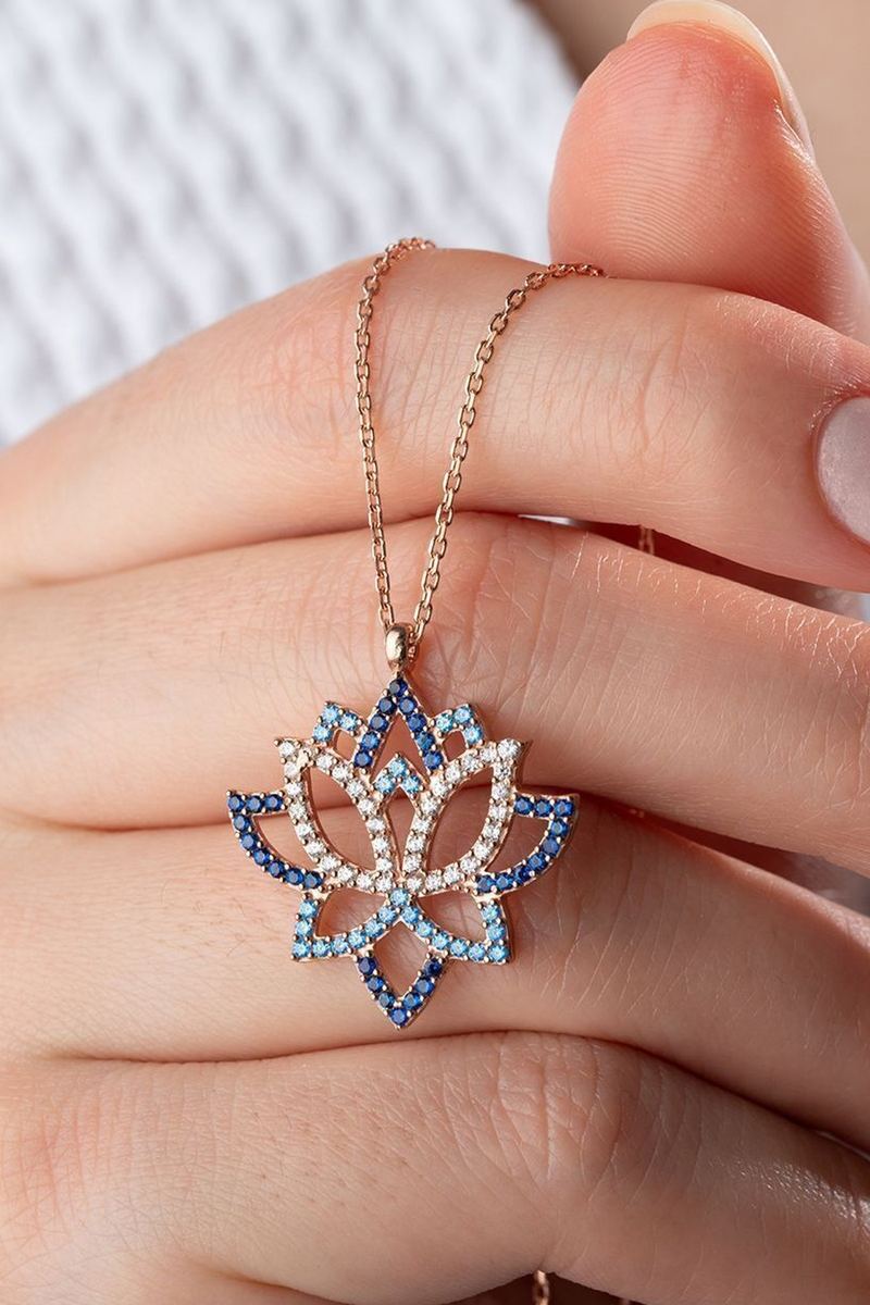 925 Ayar Gümüş Rose Lotus Çiçeği Kolye görsel 2