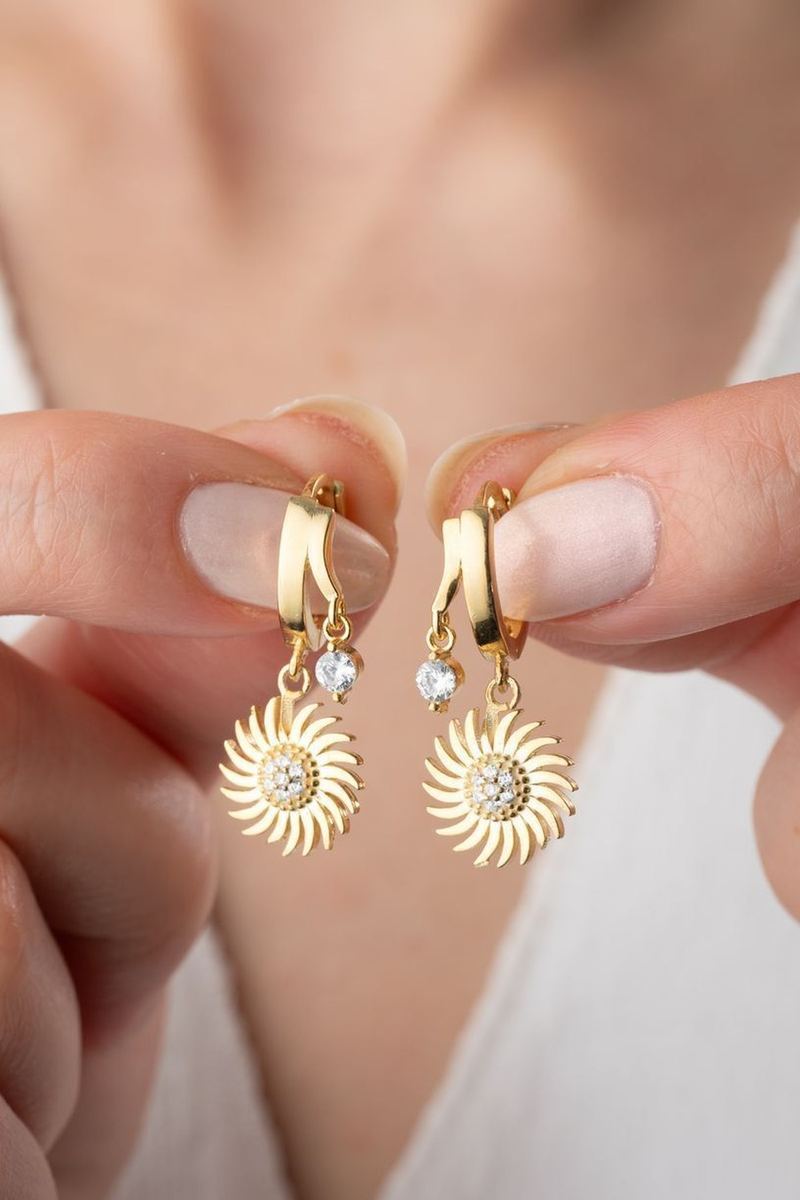925 Ayar Gümüş Gold Çift Güneş Küpe görsel 2