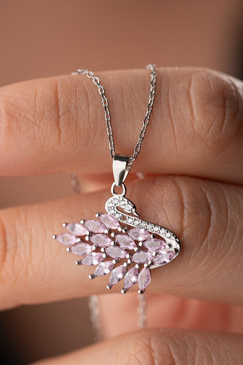 925 Ayar Gümüş Pembe Mekik Taşlı Kuğu Kolye görsel 2