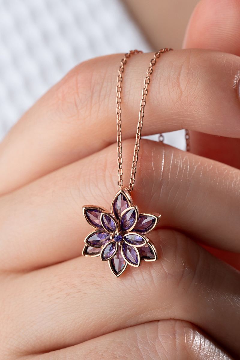 925 Ayar Gümüş Rose Mor Taşlı Lotus Kolye görsel 2