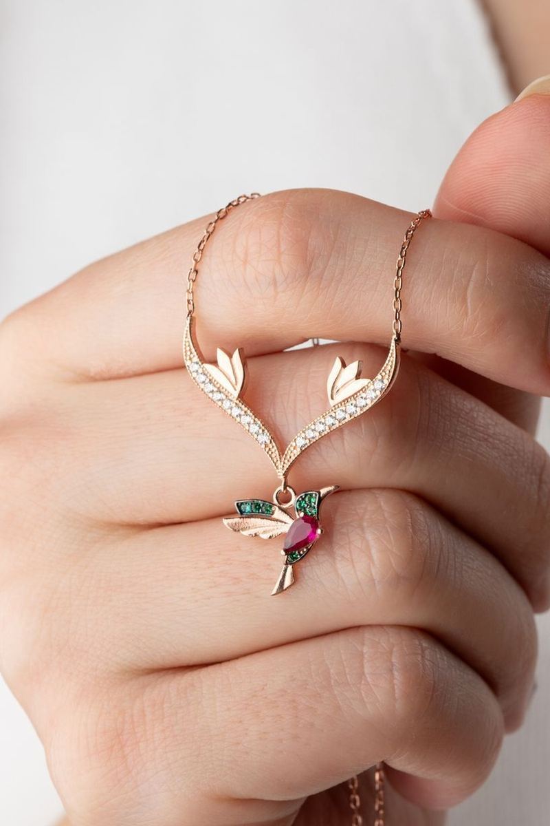 925 Ayar Gümüş Sallantılı Rose Arı Kuşu Kolye görsel 2