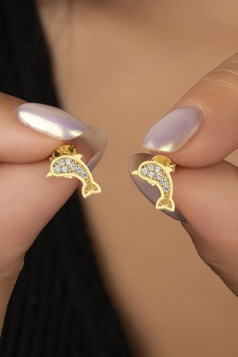925 Ayar Gümüş Gold Zirkon Taşlı Yunus Küpe görsel 2