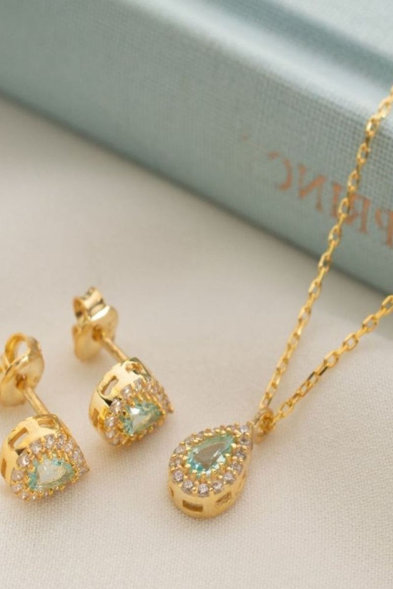 925 Ayar Gümüş Mart Ayı Doğum Taşı Aquamarine Kolye Küpe Seti görsel 2
