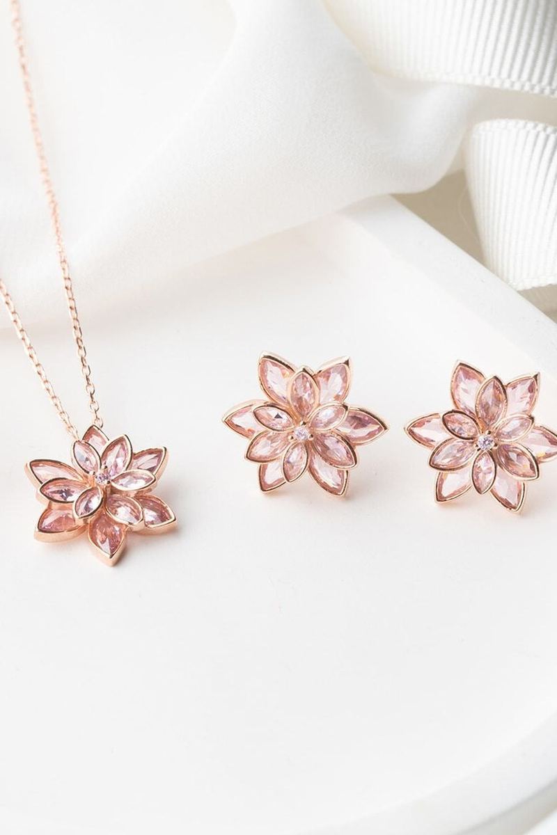 925 Ayar Gümüş Lotus Çiçeği Kolye Küpe Set görsel 2