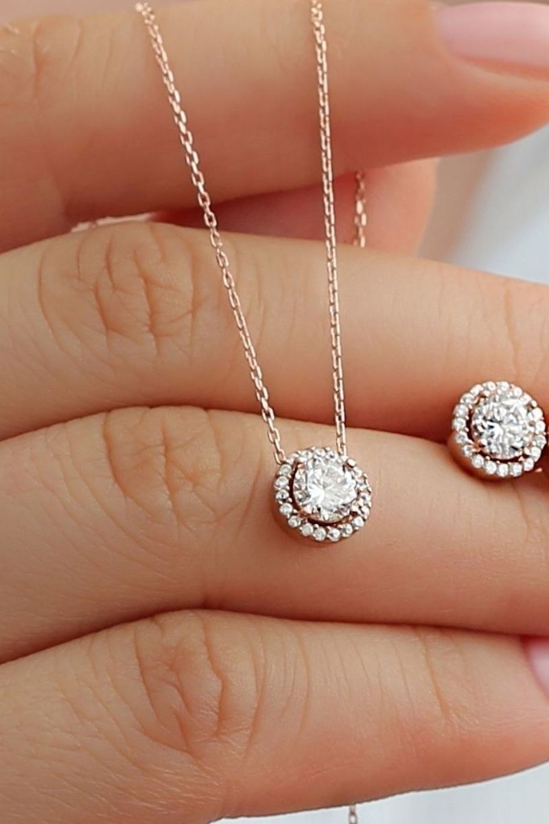 925 Ayar Gümüş Pırlanta Model Kolye Küpe Seti Rose Gold görsel 2