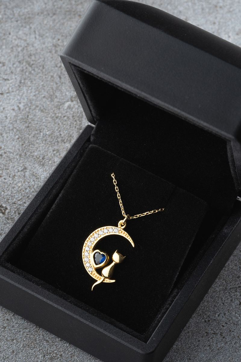 925 Ayar Gümüş Işıklı Kutuda Mavi Taşlı Gold Kedi Kolye görsel 2