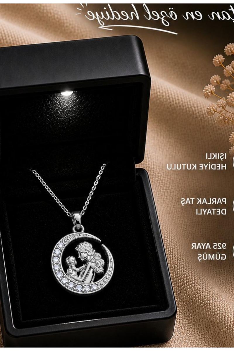 925 Ayar Gümüş Hilal Model Anne Bebek Kolye görsel 2