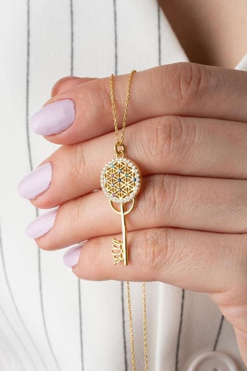 925 Ayar Gümüş Gold Anahtar Kolye görsel 2
