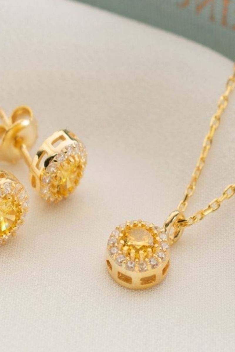 925 Ayar Gümüş Kasım Ayı Doğum Taşı Citrine Kolye Küpe Seti görsel 2
