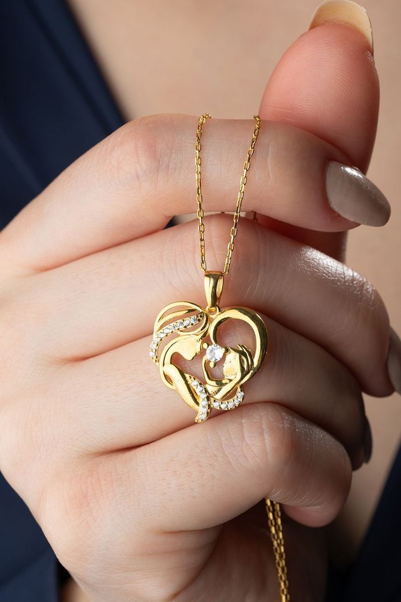 925 Ayar Gümüş Gold Kalp Anne Bebek Kolye görsel 2