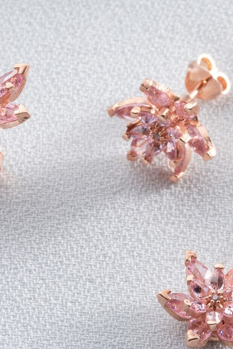 925 Ayar Gümüş Pembe Lotus Çiçeği Kolye Küpe Seti görsel 2