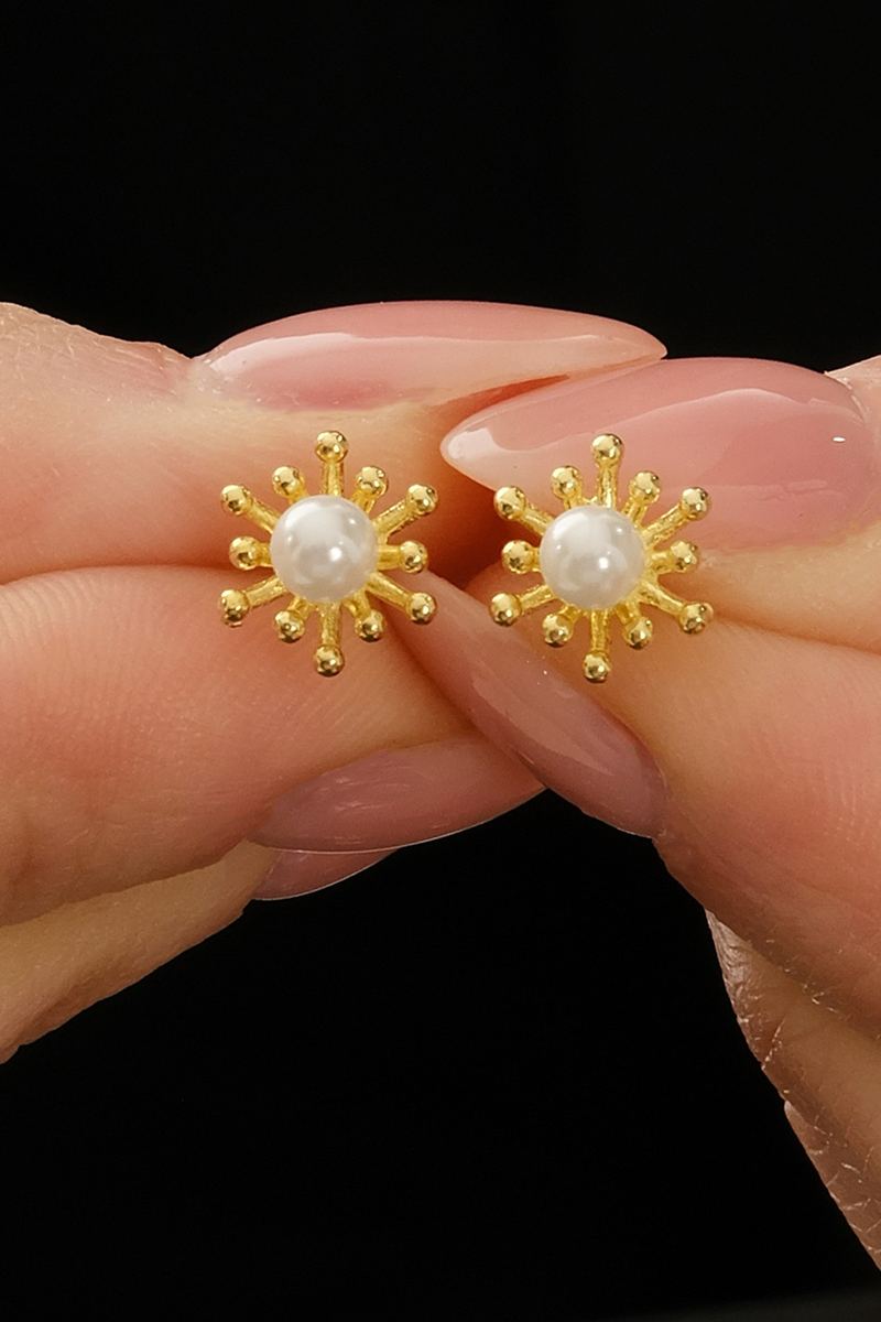 925 Ayar Gümüş Gold İncili Polen Küpe görsel 2