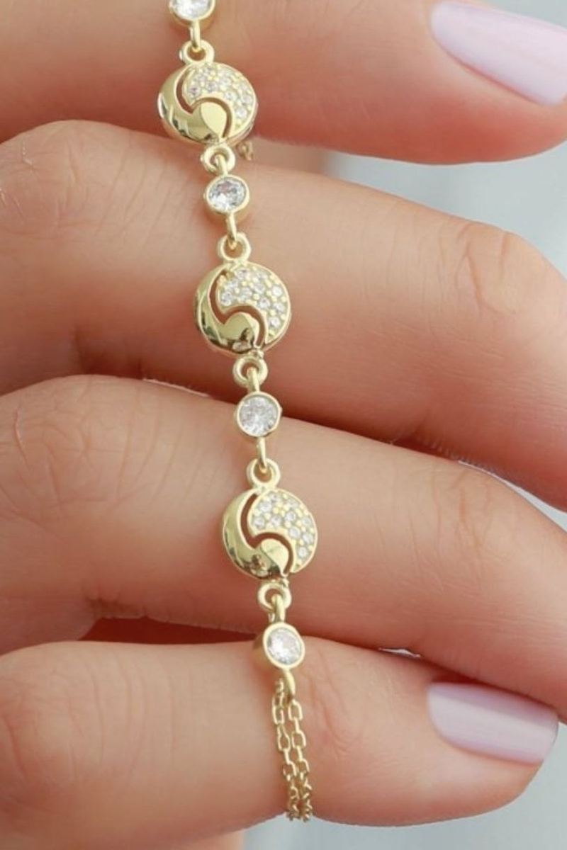 925 Ayar Gümüş Gold Yuvarlak Zirkon Taşlı Bileklik görsel 2