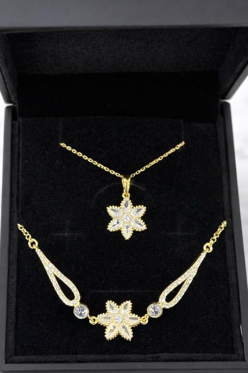 925 Ayar Gümüş Altın Kaplama Işıklı Kutuda Lotus Takı Kolye Bileklik Set görsel 2