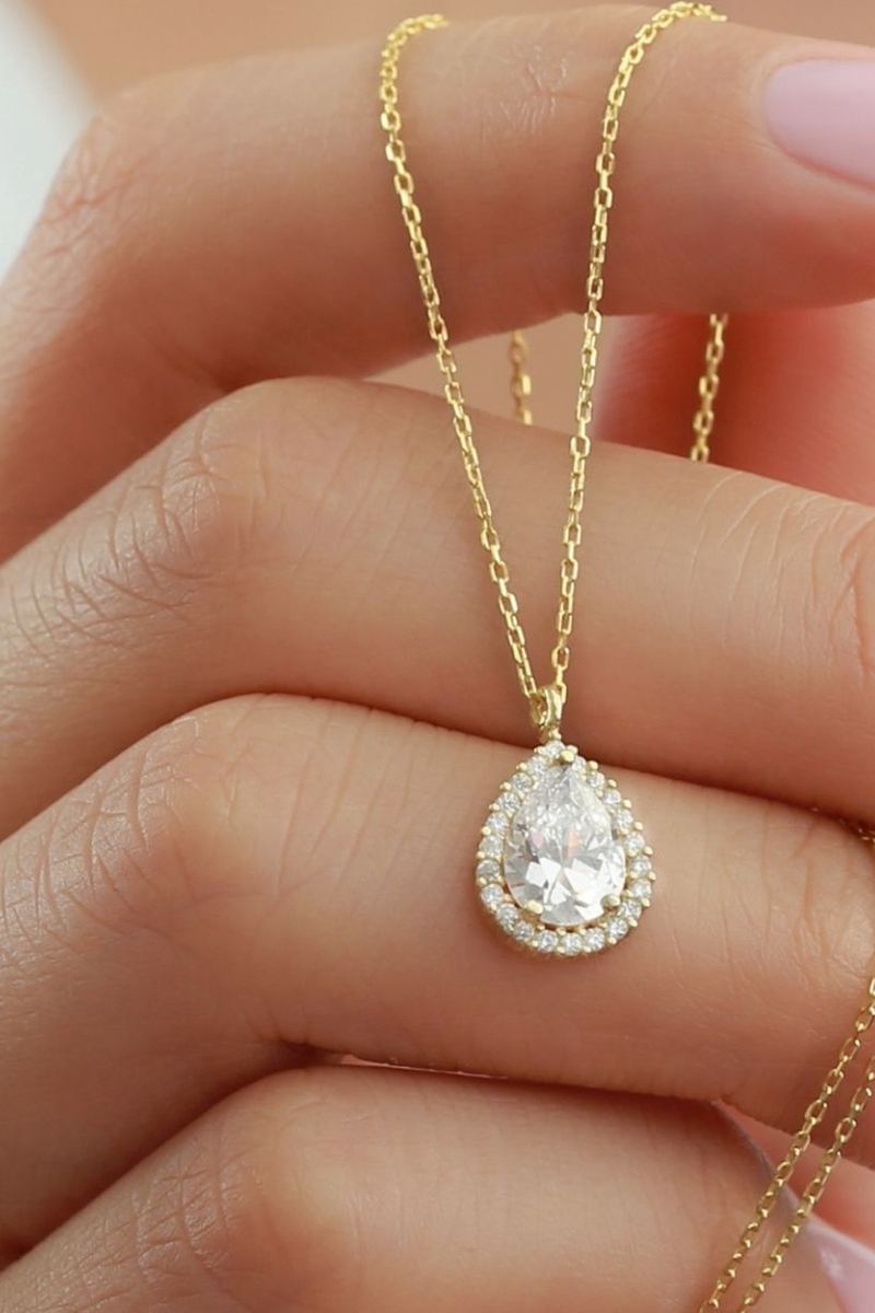 925 Ayar Gümüş Gold Damla Kolye görsel 2
