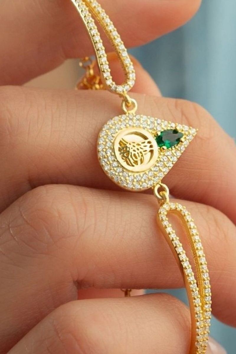 925 Ayar Gümüş Tuğralı Yeşil Taşlı Gold Bileklik görsel 2