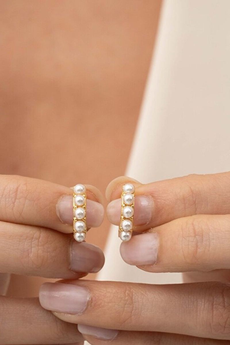 925 Ayar Gümüş Gold Kaplama Sıralı İnci Model Küpe görsel 2