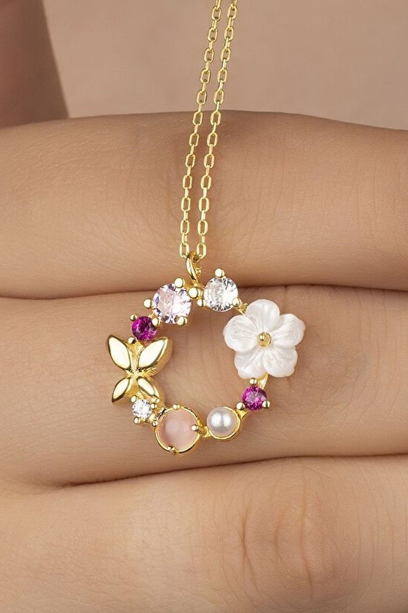 925 Ayar Gümüş Gold Sedefli Güllü Kolye görsel 2