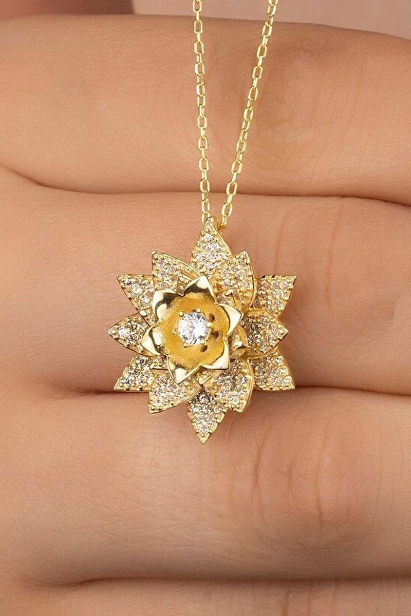 925 Ayar Gümüş Gold Lotus Çiçeği Kolye görsel 2