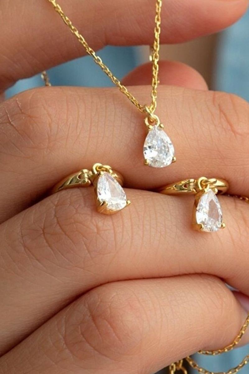 925 Ayar Gümüş Damla Taşlı Kolye Küpe Seti görsel 2