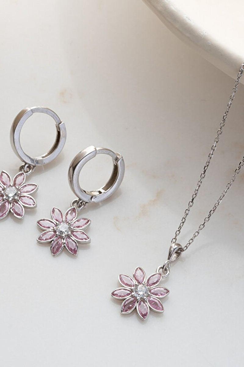 925 Ayar Gümüş Pembe Taşlı Lotus Takı Kolye Küpe Seti görsel 2