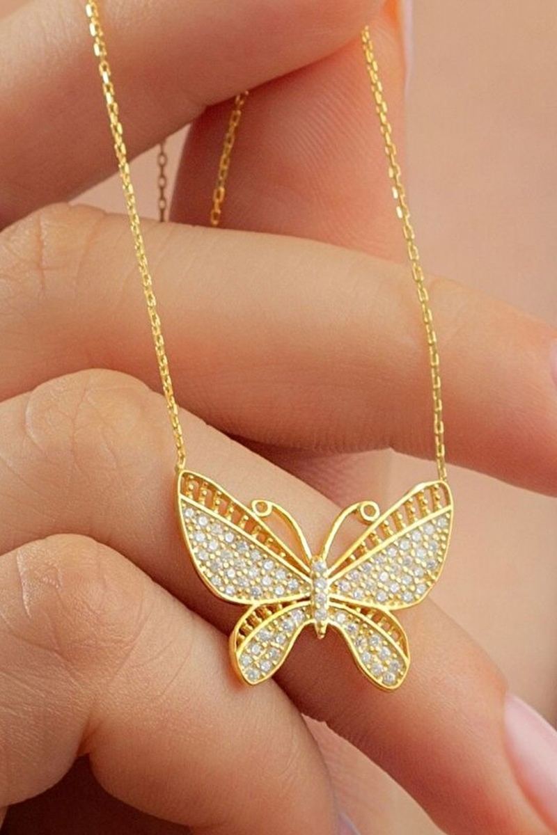 925 Ayar Gümüş Gold Kelebek Kolye görsel 2