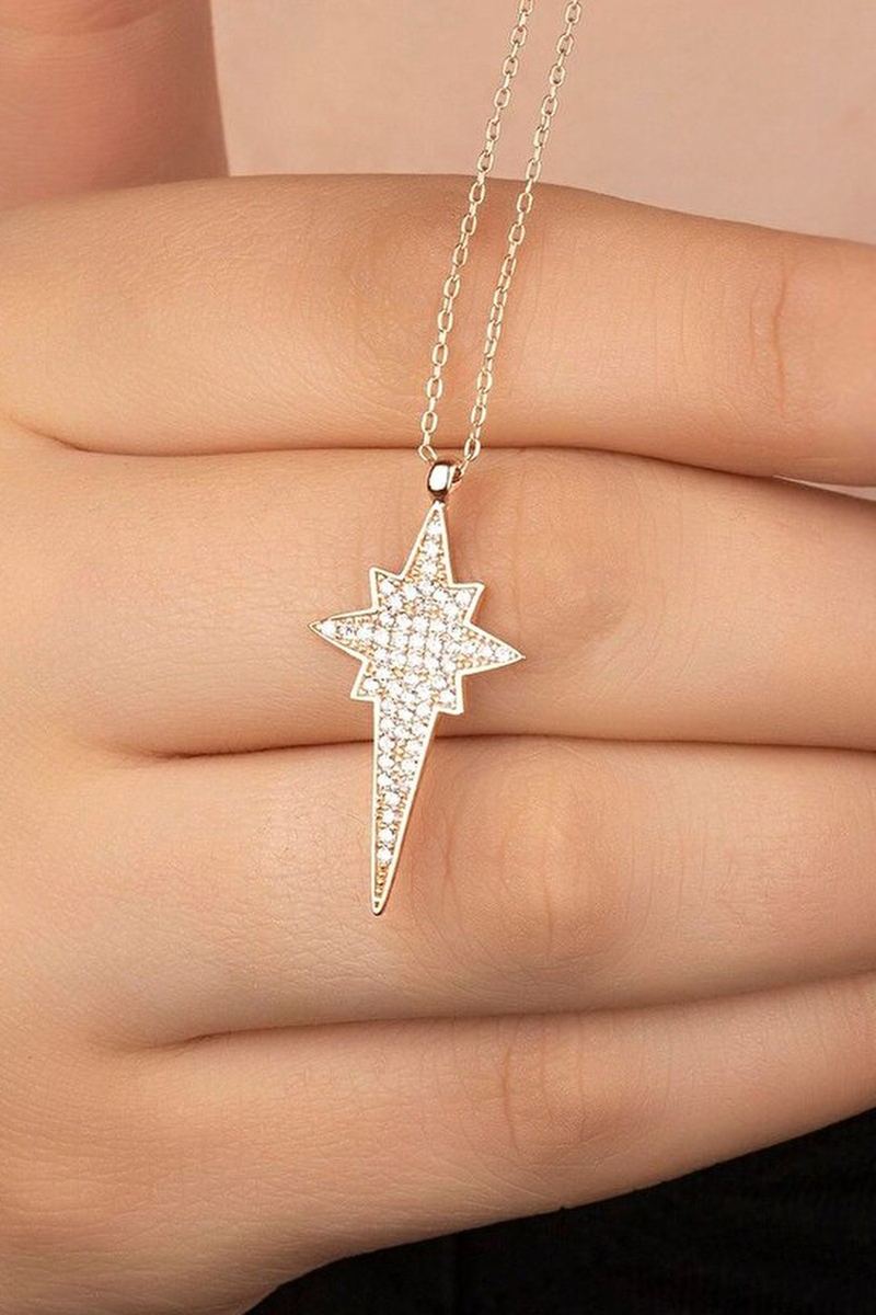 925 Ayar Gümüş Rose Zirkkon Taşlı Kutup Yıldızı Kolye görsel 2