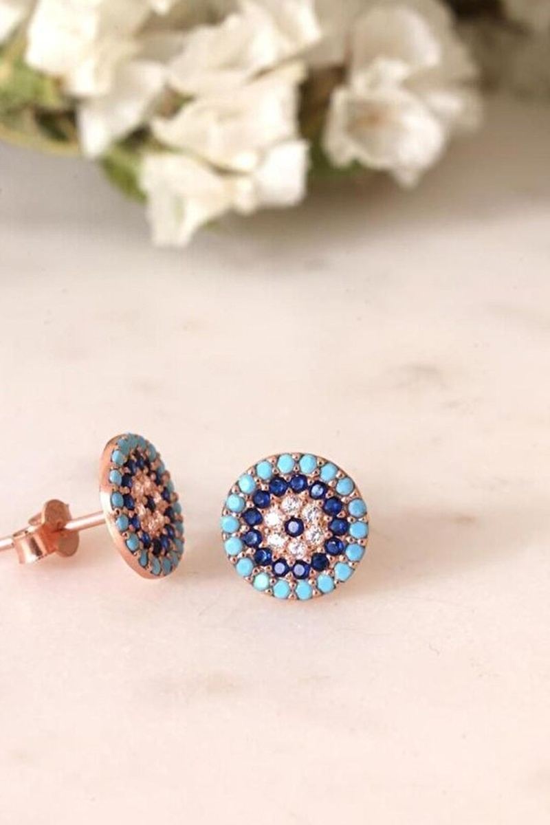 925 Ayar Gümüş Rose Zirkon Taşlı Nazar Küpe görsel 2