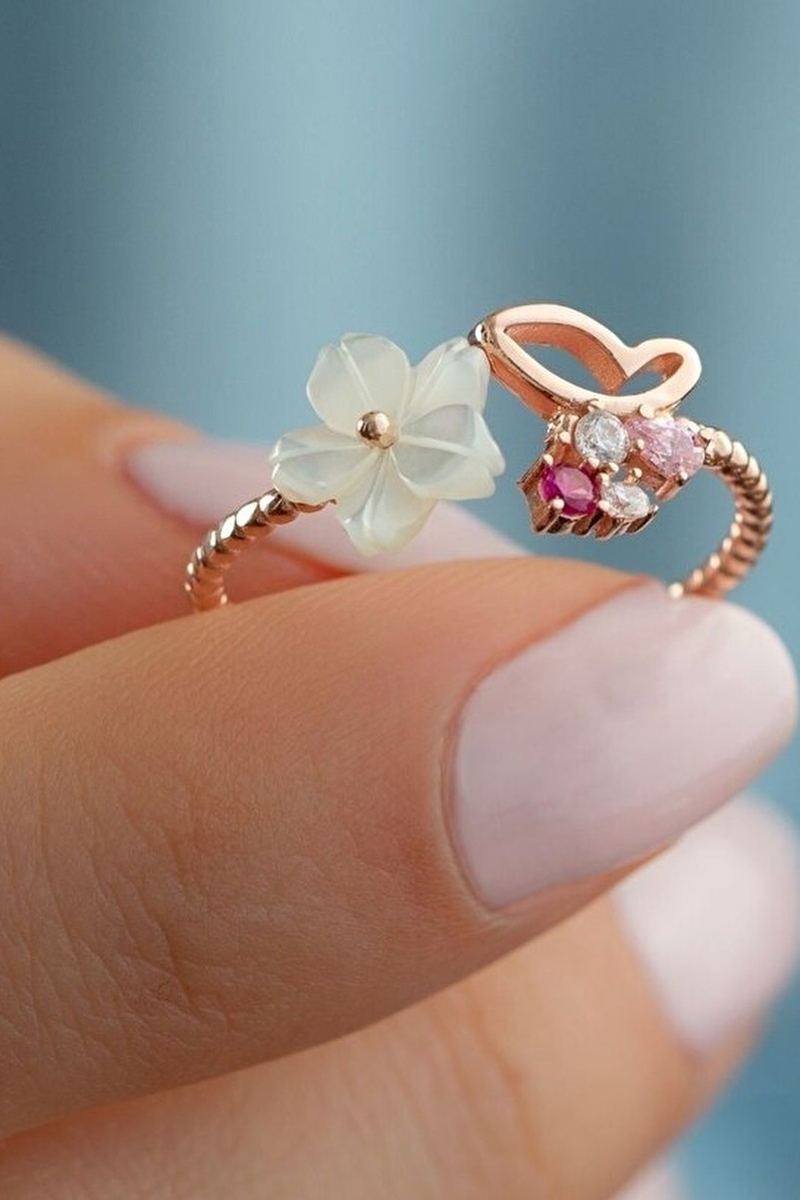 925 Ayar Gümüş Rose Kelebek Sedefli Yüzük görsel 2