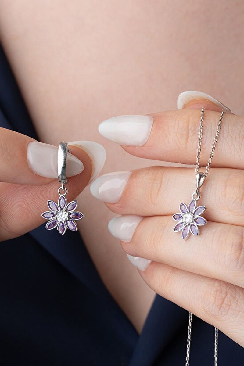925 Ayar Gümüş Mor Taşlı Lotus Takı Kolye Küpe Seti görsel 2